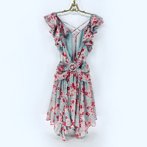 RoseVelvet Floral Ruffle Dress Sage/Pink Combo Open Sides - Picture 1 of 6